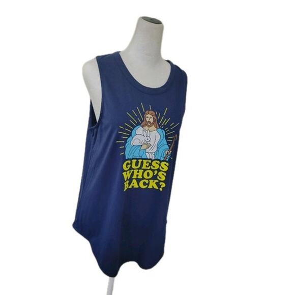 Tipsy Elves Guess‎ Who's Back Tank Top Women's L Navy Blue Religious Jesus - NEW - Picture 8 of 9